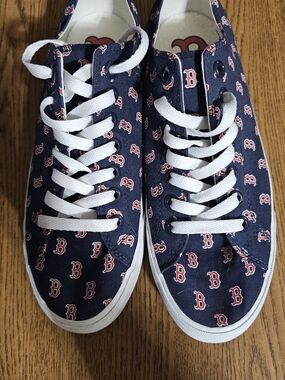 Row One Navy Canvas Sneakers with Red Logo and White Laces